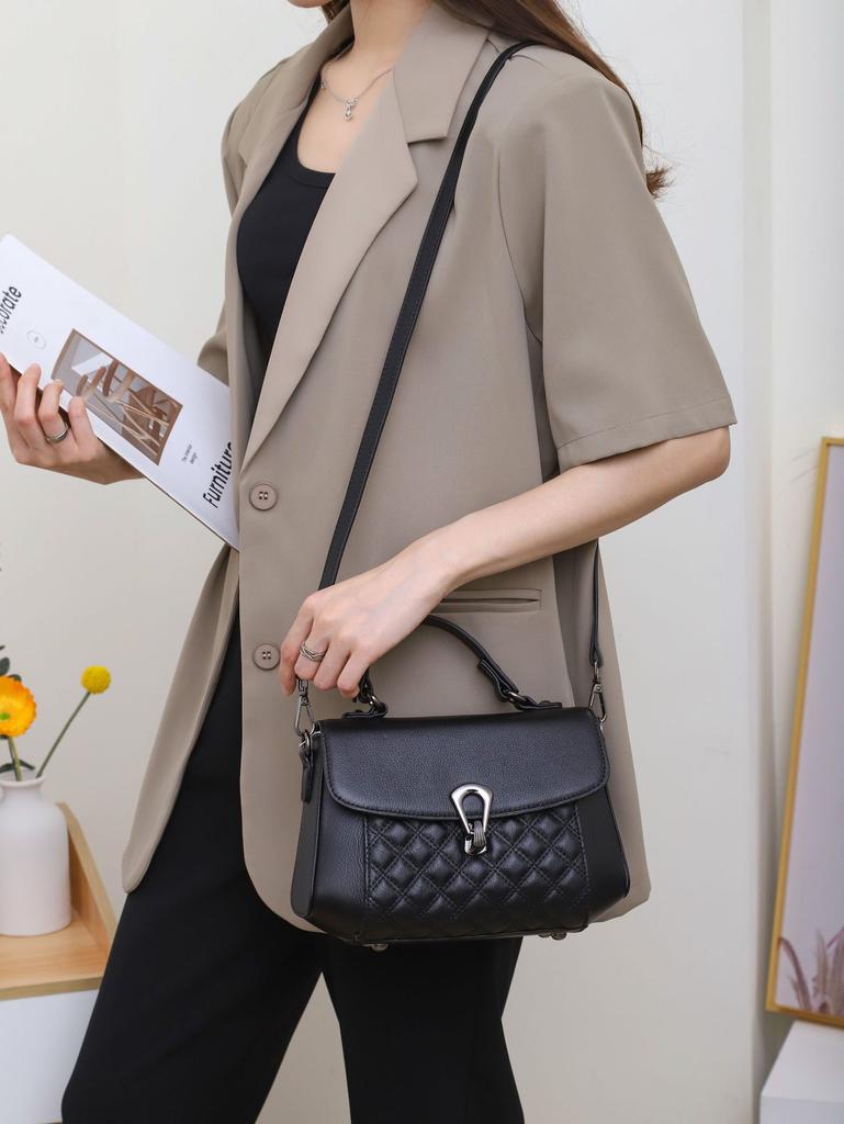 Drop Pattern First Layer Cowhide Shell Bag Handbag Popular Fashion Shoulder Crossbody Niche Practical Rhombus Plaid Bag
