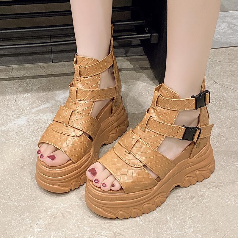 Módní PU kožené retro boty dámské sandály nové kotníkové boty letní ručně vyráběné duté šněrovací ležérní platformové pohodlné sandály
