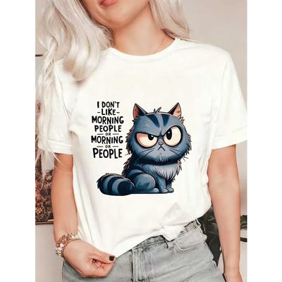 Niedliches Katze Grafik Oversized T-Shirt Schwarz Ich Mag Keine Morgenmenschen Oder Morgen Oder Menschen Aufdruck Unisex Freizeitkleidung Für Zuhause Und Den Alltag