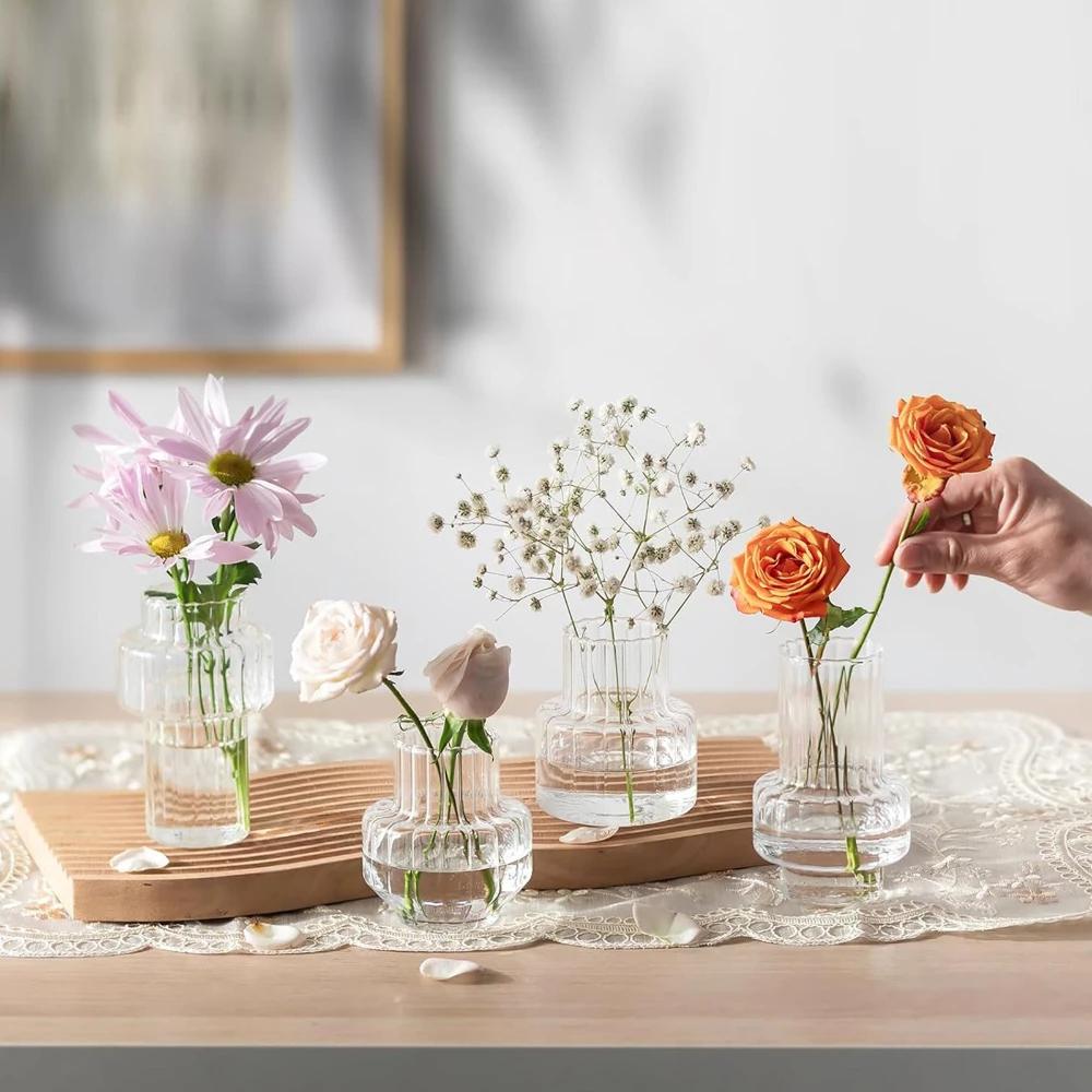 4pcs Nordic Transparent Glass Vases Retro Striped Vase Hydroponic Plants Flower Creative Vase Home Room Dinner Table Decor