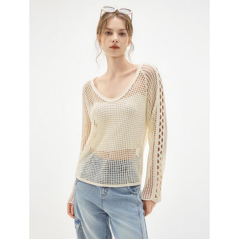 ELLE Women s Hollow-out Crew Neck Knit Top S