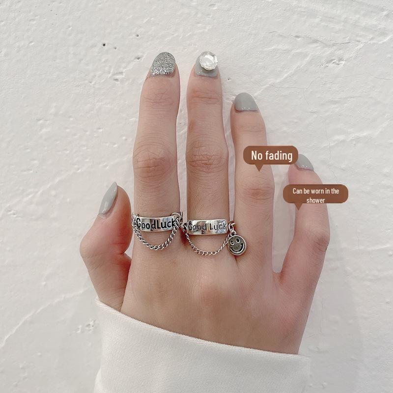 Smiley Face Chain S925 Silver Adjustable Ring - Unique High-Grade Design for Women