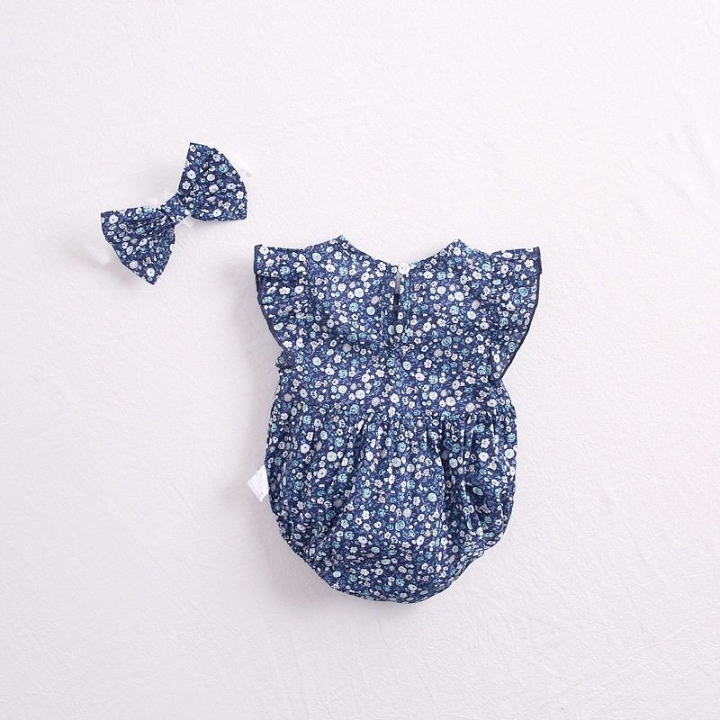 INS Summer Sleeveless Triangle Rompers Baby Girl Floral Flounced Sleeve Romper 6 Baby Cotton Thin Jumpsuit with Hair Band