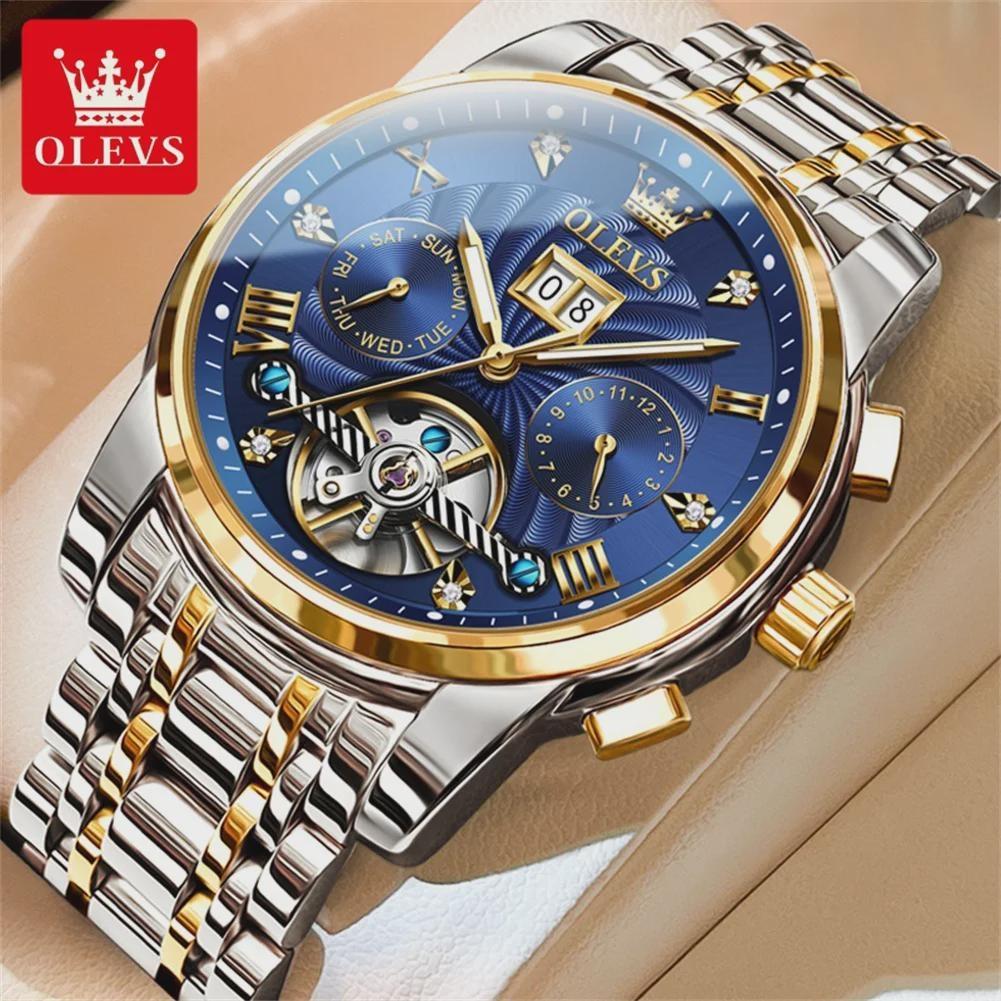 OLEVS Luxury Gold Tourbillon Mechanical Watch for Men Stainless Steel Waterproof Luminous Date Business Mens Watches