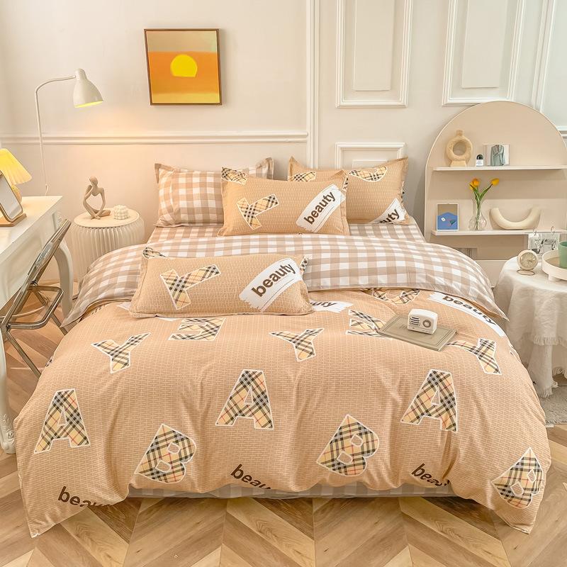 Čtyřdílná sada povlečení z prané bavlny, povlak na přikrývku, povlak na prostěradlo, jednoduchá sada v severském stylu