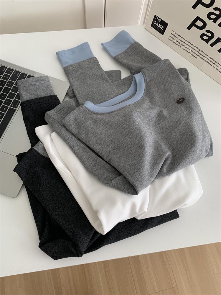 Women's Premium Color Block Round Neck Long Sleeve Fleece T-shirt - Autumn/Winter Imitation Cashmere Base Layer