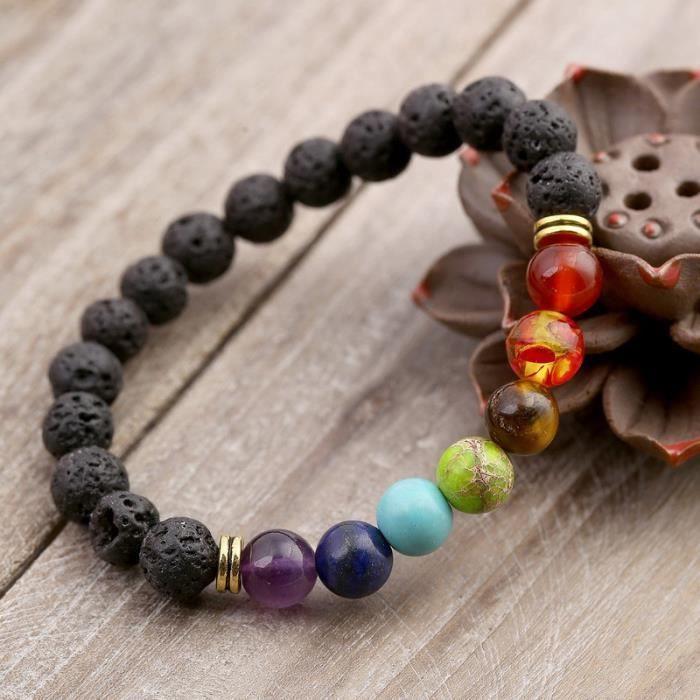 Men Women Bracelet Natural Lava Stone Colorful Beads 7 Chakra Charm Bracelets Gold