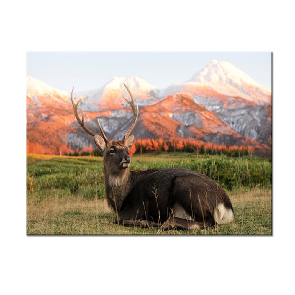 Solid Wood Frame Canvas Painting Living Room Wall Art Poster 1 Panel Reindeer On The Snow Mountain Modern HD Printed Picture Home Decorative