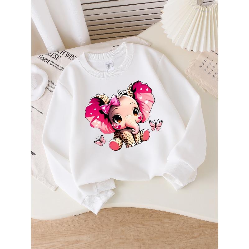 European sizes Girls Soft Crewneck Sweatshirt Cute Pink Elephant with Bow & Butterflies Print, Casual All-Match, Ideal Holiday Present