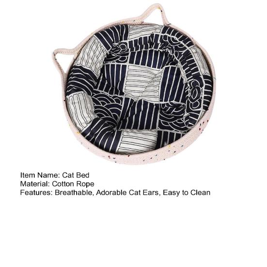 Cat Basket Bed with Cushion Cat Ear Cotton Rope Woven Pet Bed Breathable Cat Basket for Indoor Cats All Season Use