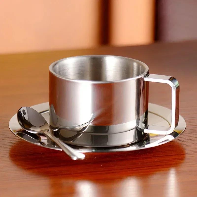 200ml Double Walled Heat Resistant Coffee Cup Set European Style Stainless Steel Water Cups with Saucer Spoon Cafe Accessories
