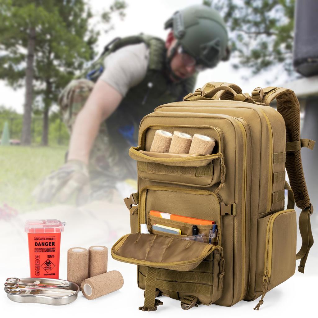 Damero First Aid Backpack Medical Backpack MOLLE Tactical Backpack with Straps for Outdoor Camping Hiking Khaki Y-shaped (Bag Only)
