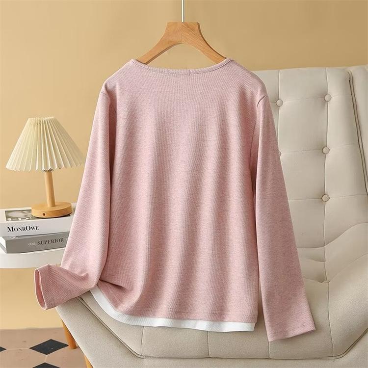 Autumn New Plus-size Women's Tops Simple and Versatile Stitching Fake Two Long-sleeved T-shirts As a Base