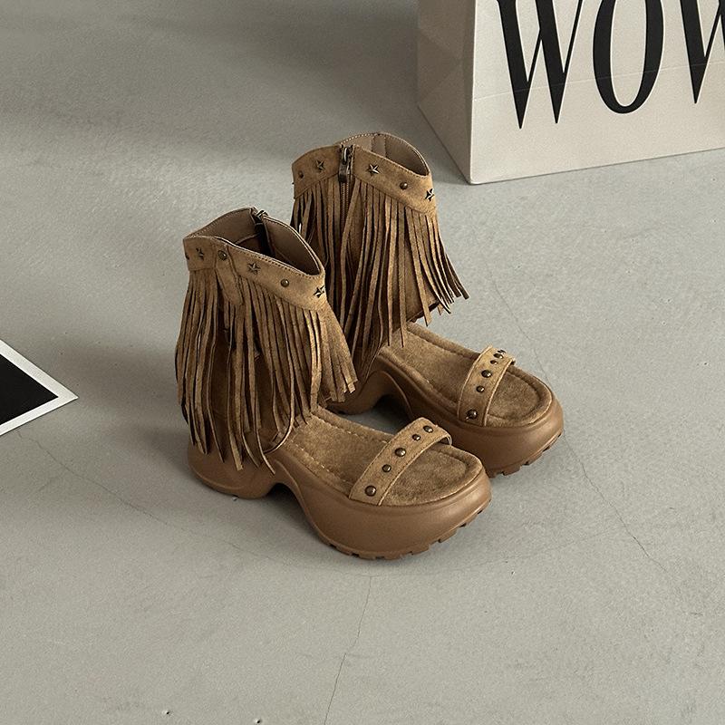 Fashion Women Platform Sandals Trend Roman Wedge Sandals Lady Cutout Booties Straw Stud Zipper Tassel Open Toe Cool Boots Sandalias Muje