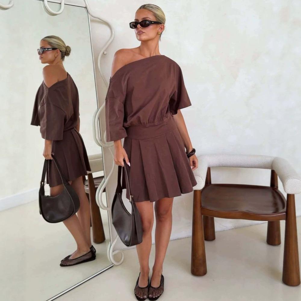 ins fashion European and American casual simple irregular pleated design dress women s clothing S коричневый