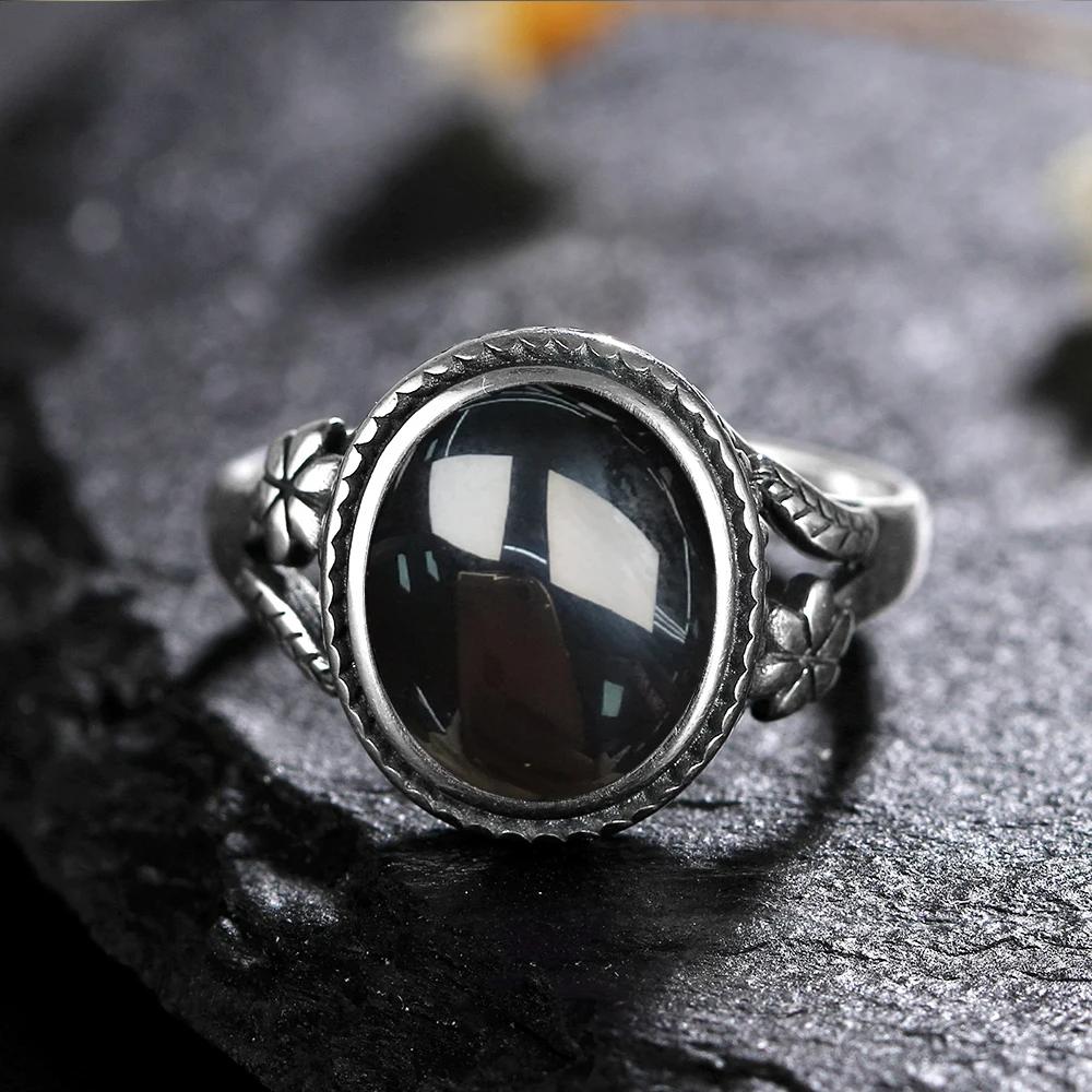 Vintage 925 Sterling Copper Ring Natural Black Onyx Ring Oval Round Stone Retro Fine Zircon Gift Sun Shaped For Women Men