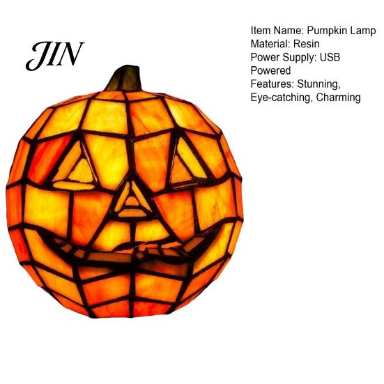 Weatherproof Halloween Lamp Stained Glass Pumpkin Lamp, Bedside Table Orange Outdoor Party Decoration Accent Night Light for Indoor, Home, Holiday