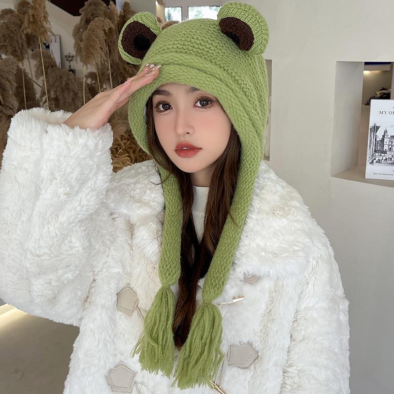 Frog Knitted Wool Hat Female Winter Cute Ear Bag Headgear Green Hat Ear Protection Earmuffs Autumn and Winter Students