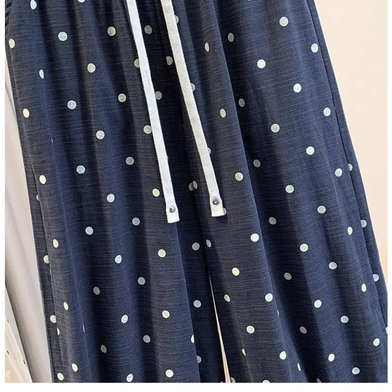 2026 Summer Cotton Linen Polka Dot Trousers Women's Loose Wide Leg Versatile Nine Point Harem Pants Korean Version Lantern Pants