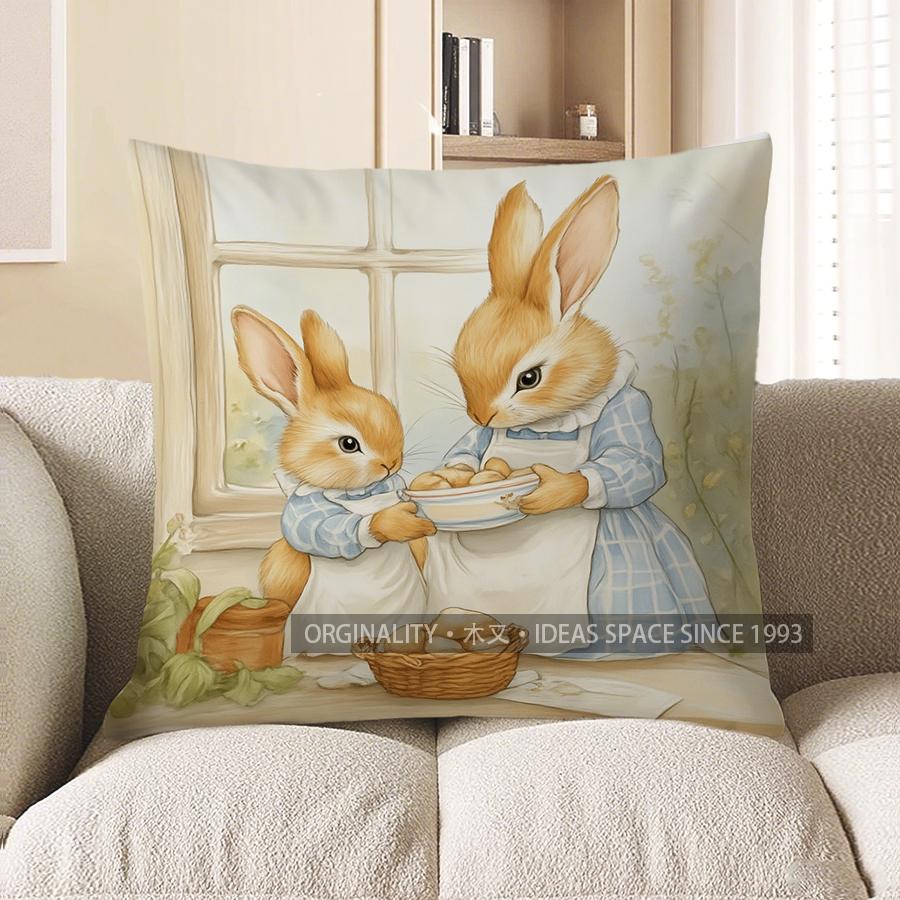Home Decor Cute Bunny Pair Garden Scene Pillow Cover Pattern Cushion Cover Suitable For Sofa Bedroom Car Pillow Cover