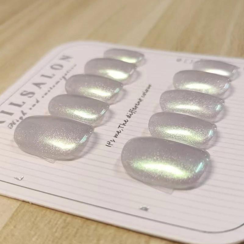 100% Handmade short round shape Candy Colored Full Cat Eye Fake Nail With Glue Art Simple Pearl smudged magic mirror powder Colorful Nails Fake Nails