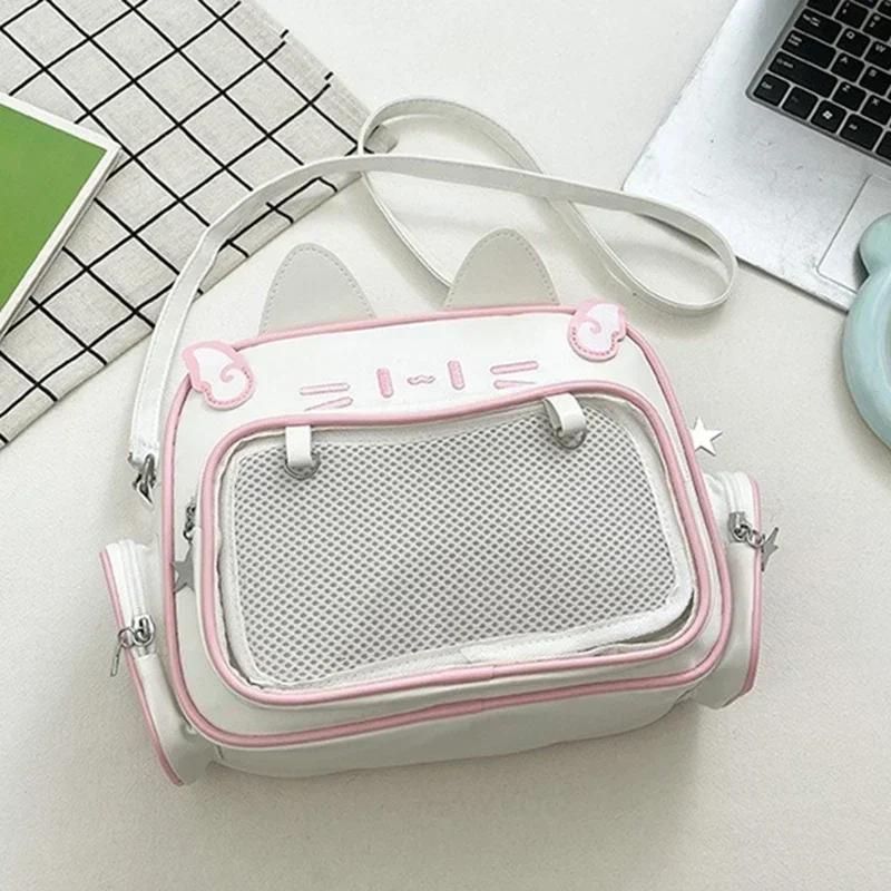 Women's Fashion Backpacks Y2K Style Japan Kawaii Cat Ita Bag PU Cute Girls Transparent Pocket Aesthetic Shoulder Crossbody Bags
