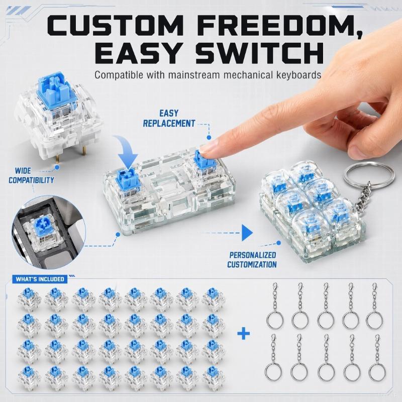 Tastenklicker Fidget Set 30 Stück 3D-gedruckte mechanische Schalter 10 Schlüsselanhänger Tragbar für Kinder Erwachsene Angstlinderung