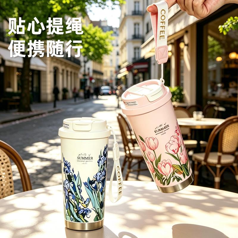 Double drinking cup Stainless steel straw thermos cup Women's portable cup Gift cup High value coffee cup