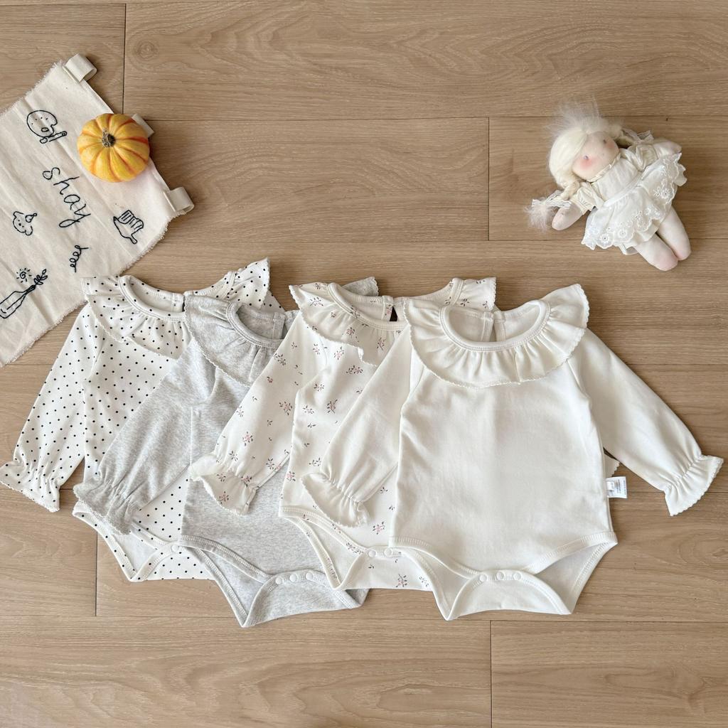 Renren 2025 Spring/Autumn New Arrival Baby Girls' Cotton Ruffled Collar Pullover Closure Base Romper Korean Style Long Sleeve