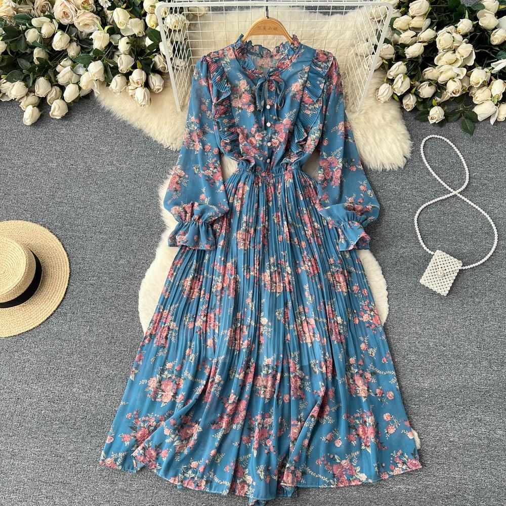 Spring new French V-neck long-sleeved waist temperament small fresh floral dress women's pleated long dress