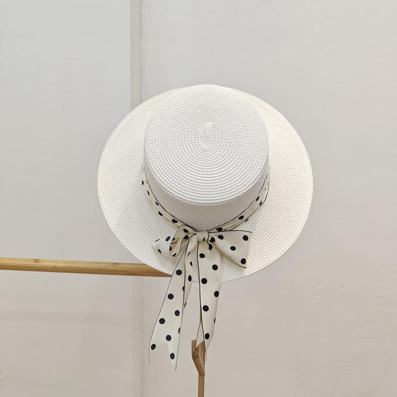 Hat Women's Summer Sunshade Sunscreen Hat Elegant Polka Dot Long Streamer Flat Top Hat Seaside Vacation Hat