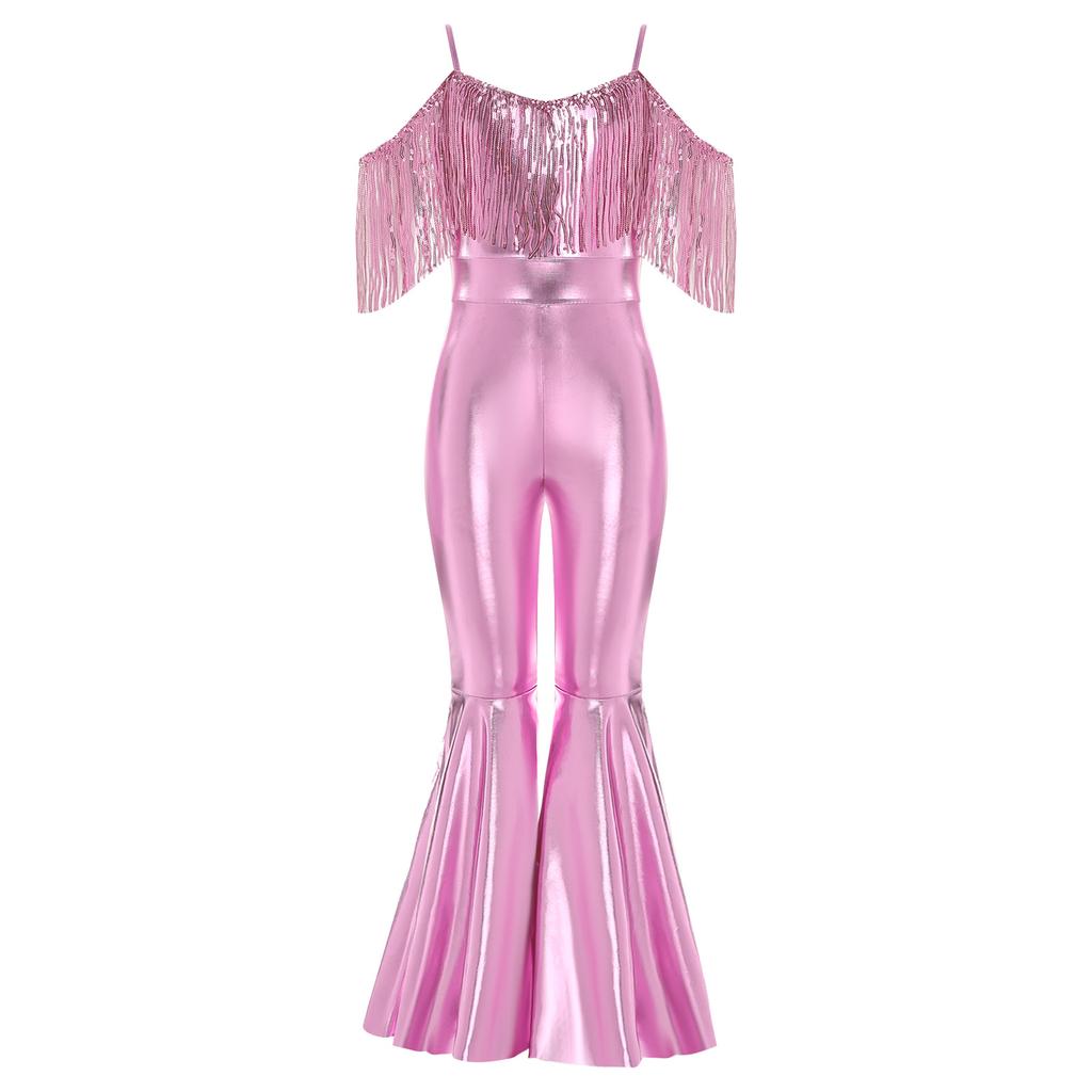 Girls Fashion Spaghetti Strap Sleeveless Sparkly Sequins Tassels Shiny High Waist Flared Jumpsuit Pageant Outfit