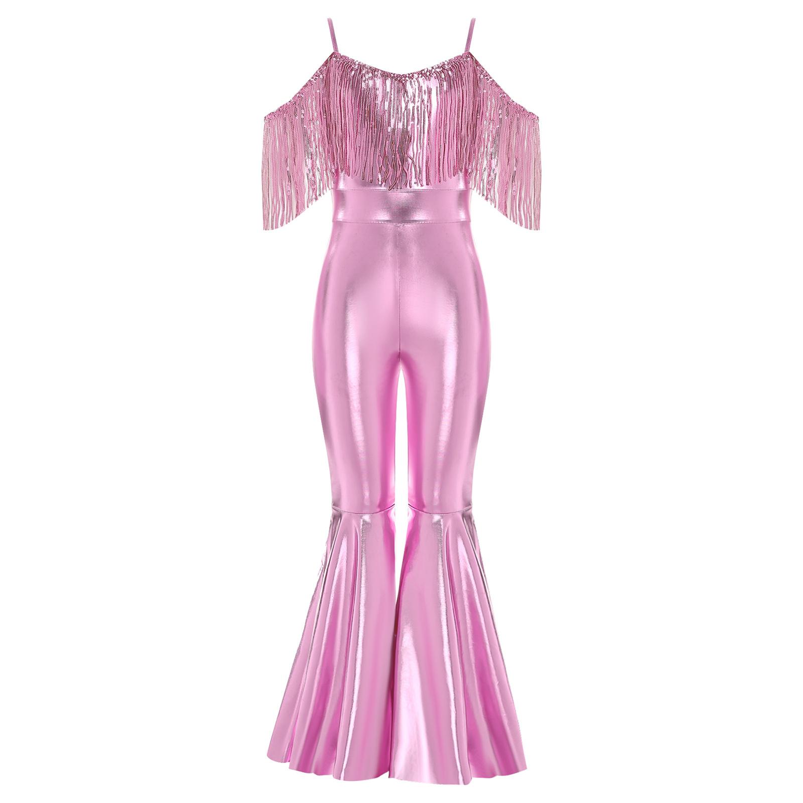 

Дівчачий модний комбінезон на тонких бретелях, без рукавів, з блискучими паєтками та китицями, з високою талією та широкими штанинами, святкове вбрання 15-16 Years рожевий