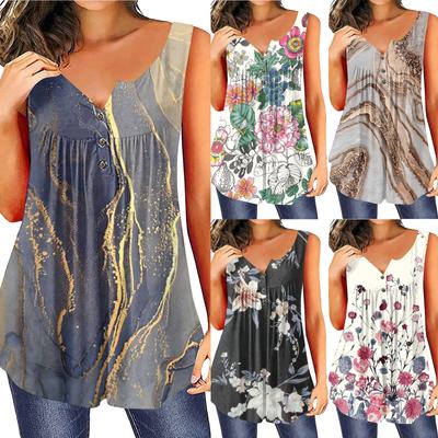 Pull imprimé sans manches pour femmes, mode décontractée, grande taille, boutons, col en v, haut