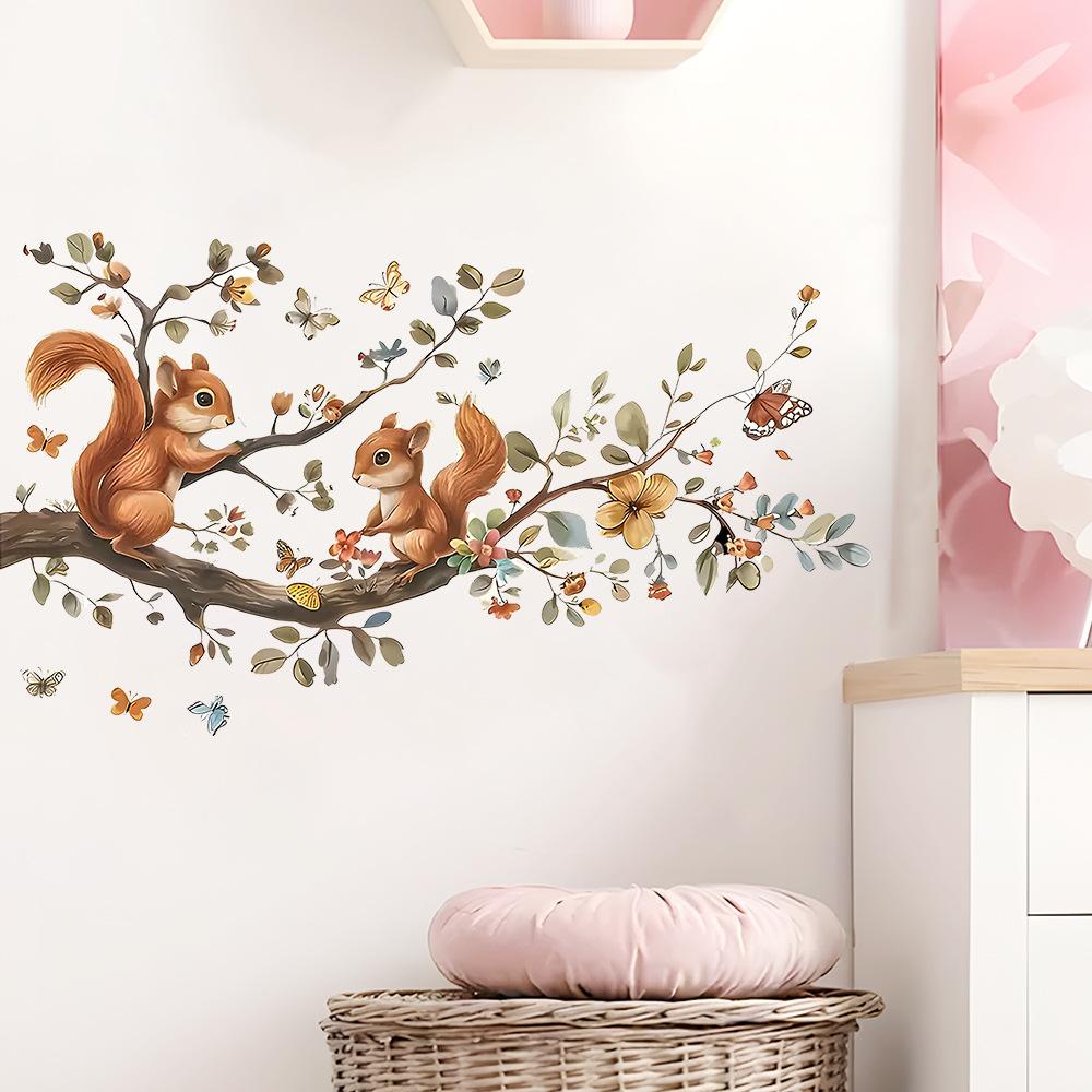 Watercolor Squirrel On Branch With Bird And Flower Wall Sticker Self Adhesive Waterproof Kids Room Decor