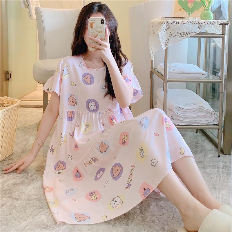 Cotton and Silk Nightgown Women's Summer Short-sleeved Large-size High-end Printed Maternity Pajamas Can Be Worn Outside Long Loungewear