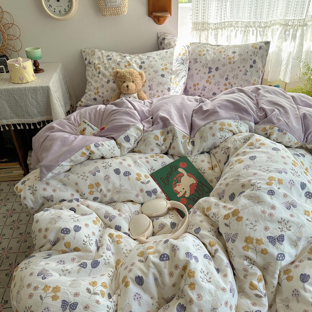 Class A Mother and Baby Grade Pure Washed Cotton Four-piece Set Ins Small Fresh Bed Sheet Quilt Cover Student Dormitory Style Bedding Set
