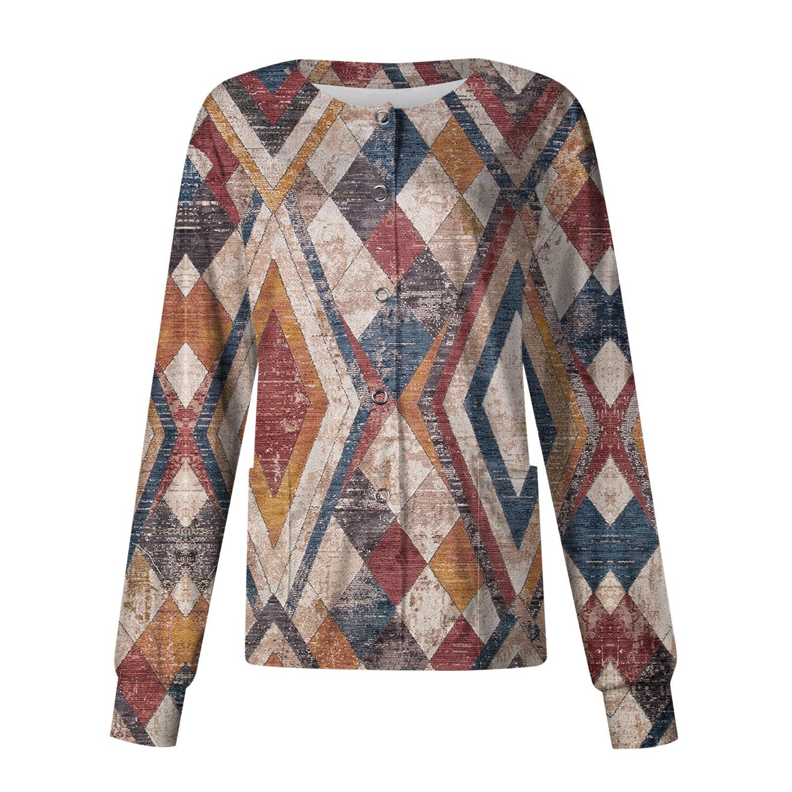 

Жіноча повсякденна мода Стійкий комір Однобортний Вінтажний принт Топ медсестри L