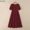 ZANZEA Women Casual Square Collar Elegant Short Sleeve Long Dress