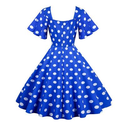 Women Evening Dress Retro Color Matching Dot Print A-line V Neck Big Swing Short Ruffle Sleeves Tight High Waist Back Zipper Party Prom Midi Dress