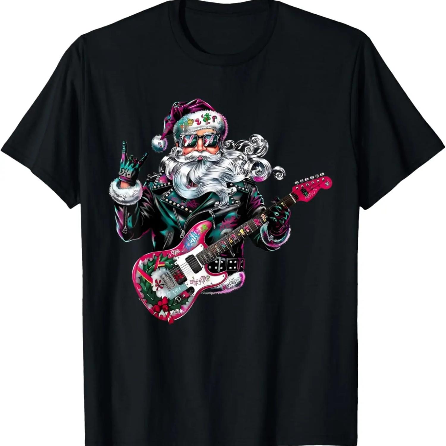 Rock & Roll Xmas Santa Claus Guitar Player Guitarist Pajama T-Shirt S