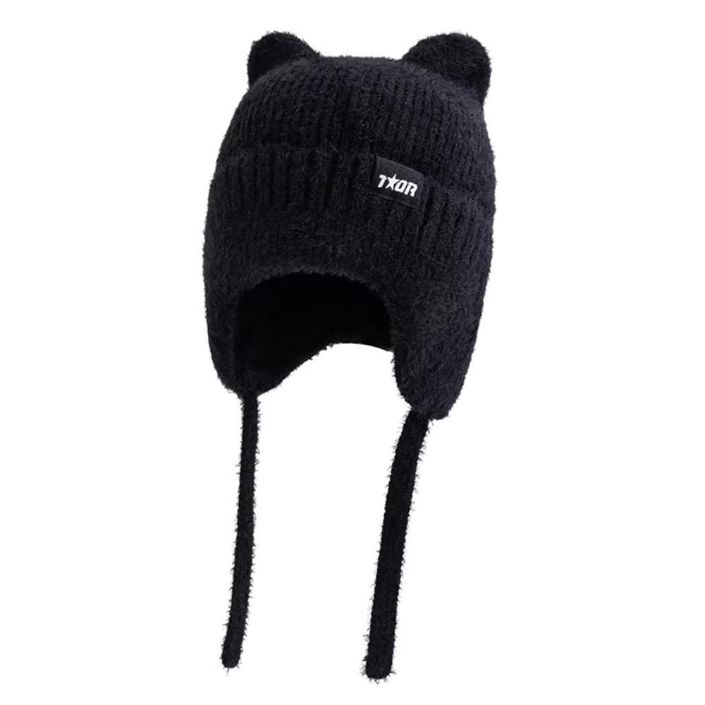 Warm Windproof Cute Cat Ear Earflap Kpop Style Knitted Hat New Winter Hat чёрный