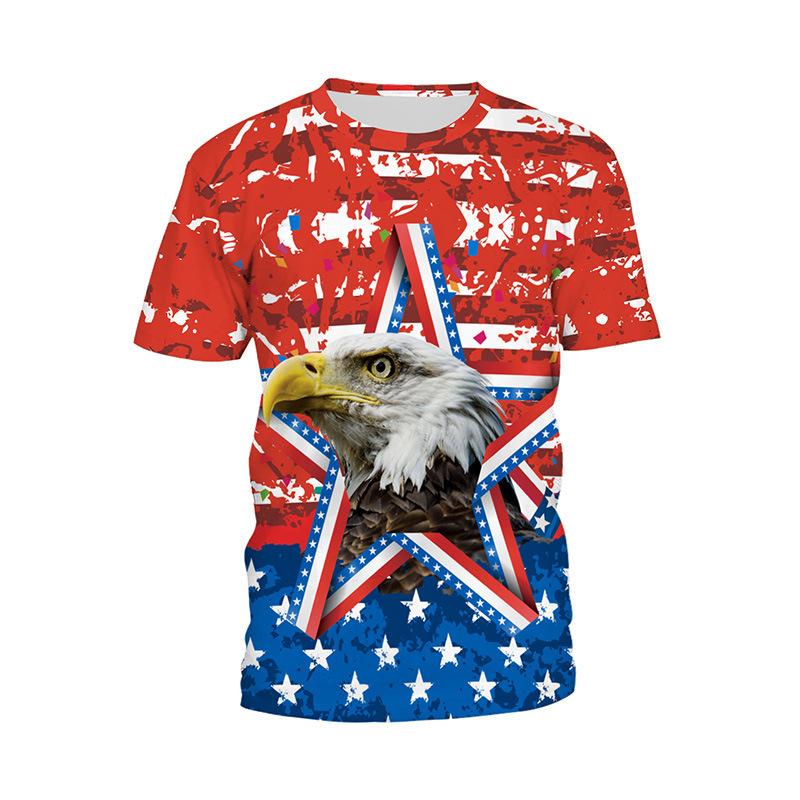 Summer Round Neck 3D American Flag and Animal Graphic Print T-shirts Fashionable Casual Short Sleeved Men's T-shirts