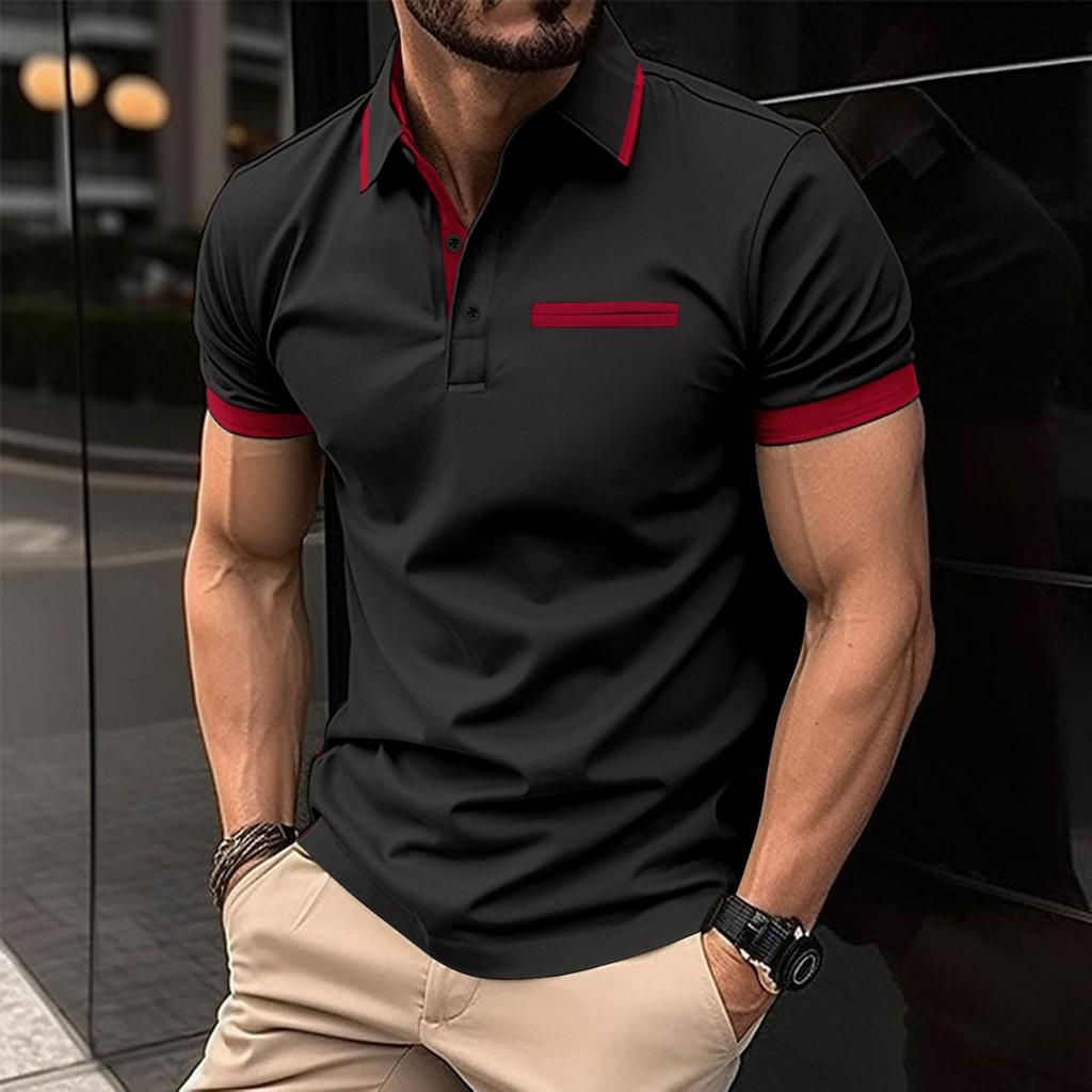 Fashion Men's Summer New Chest Fake Pockets Splicing Colour Blocking Casual Sports Polo Shirt Tops