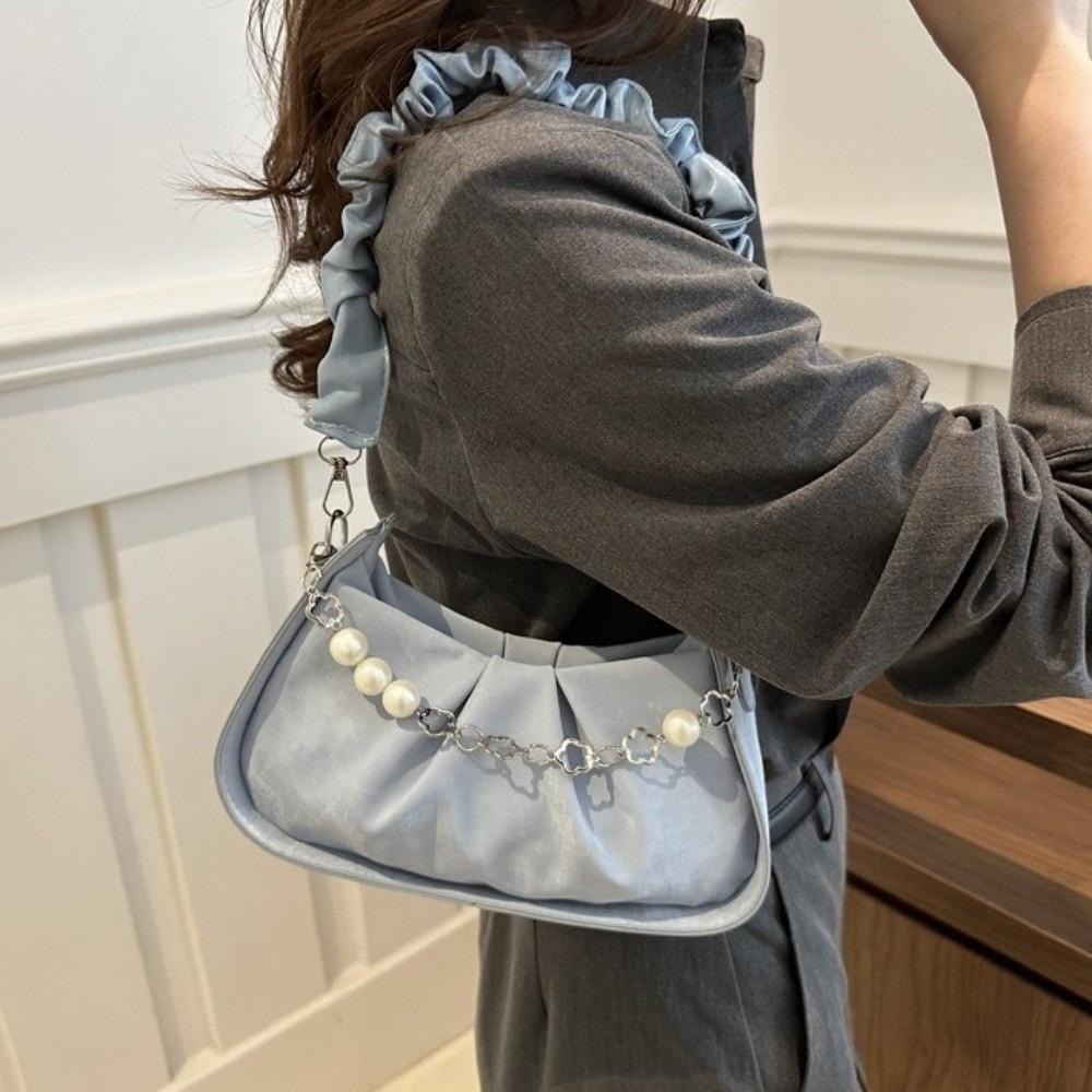PU Leather Pearl Chain Crossbody Bag Korean Style Pleated Handbag Cloud Shoulder Bag Office Worker