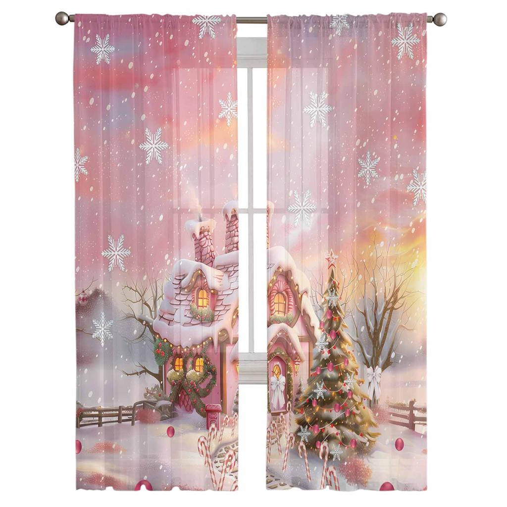 Christmas Candy House Snow View Countryside Curtains For Living Room Bedroom Home Decoration Window Voile Tulle Curtain Drapes
