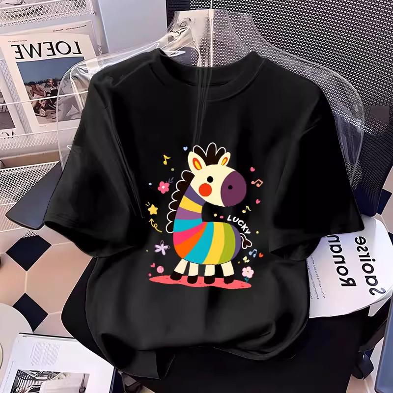 Women's Red Cartoon Pony Print Loose Cotton T-shirt, Short Sleeve, Round Neck, 2026 New Style, Zodiac Horse Year Edition