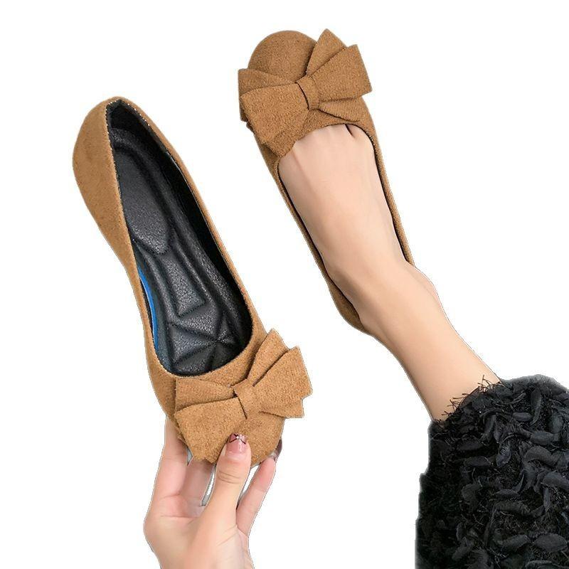 Large size flat-bottomed casual single shoes for women's new suede bow round head beanie shoes for women