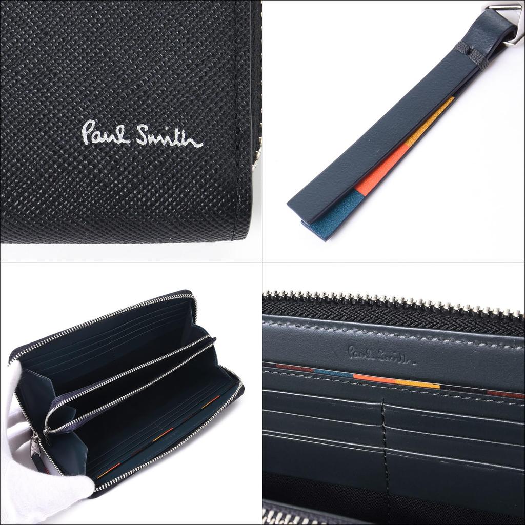 Paul Smith Carteira Longa Embrulhada para Presente com Listra Colorida Couro de Vaca 813019 P917 Sem Fechamento Zíper em Volta, Puxador, Porta-Moedas, Couro, (01. Preto,