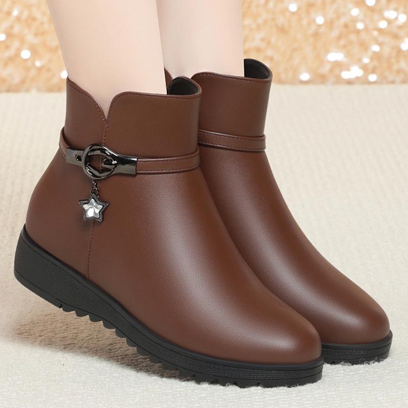 Mother Warm Cotton Shoes Women Winter Velvet Fleece Side Zip Thick Bottom Short Boots Leisure Round Head Flats Boots